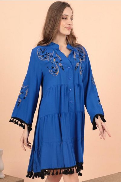 AYASOFYA OTANTIK Rochie de damă Saks Blue Broderie cu pompon detaliat