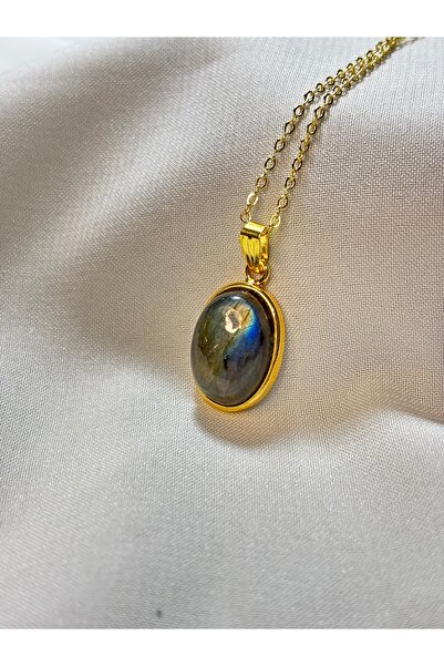 kuartz Labradorit Taşı Kolye. Sertifikalı Üst Kalite Altın Kaplama