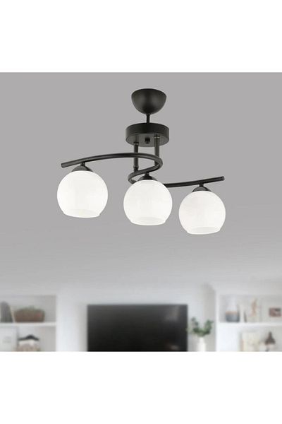 Semboldekor S Profile Black Triple Chandelier (White Glass)
