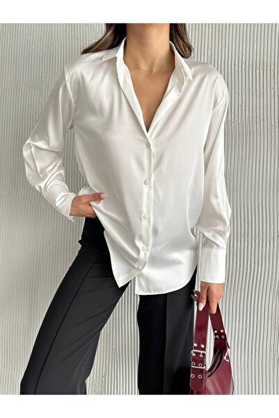 s.t.l - romeo tekstil Kadın Açık Krem Rengi Hafif Dökümlü Saten Yüzeyli Gömlek