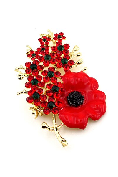 Solfera Kırmızı Gelincik Çiçek Kır Çiçeği Zirkon Taşı Yaka İğnesi  Broş RZ326