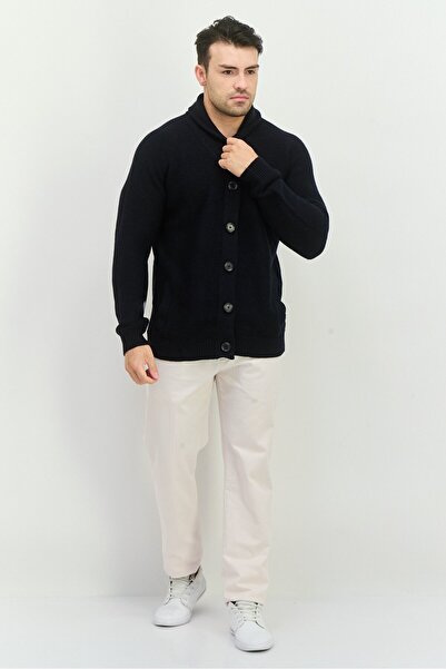 French Connection Men V-Neck Crochet Cardigan, Navy