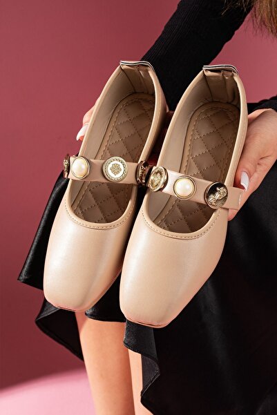 FUGA MODA Stamp Mink Skin Pearl και Seal Αξεσουάρ Μπαλαρίνες με Ταινία