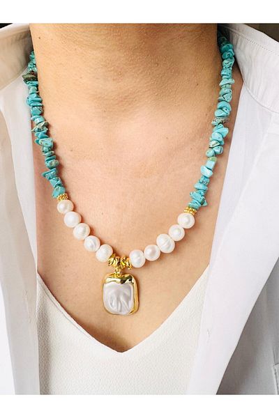 DEVİ fashion Real Pearl and Turquoise Natural Stone Design Necklace 53 cm
