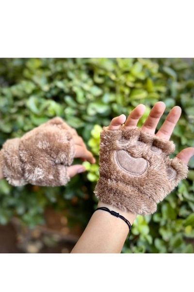 CAŞ DEKORASYON Plush Children's Gloves with Brown Paw Figure