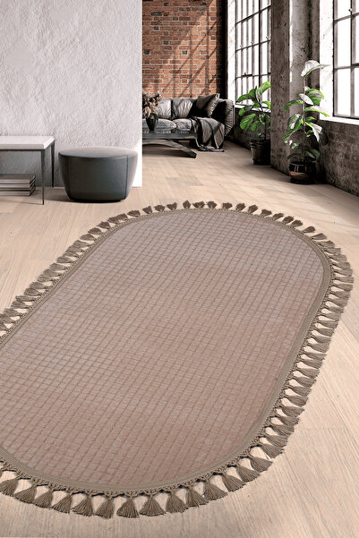 Teksev Square Plus Mink Color Oval Pompom Fringed Runner Non-Slip Machine Washable Soft Cutting Carpet