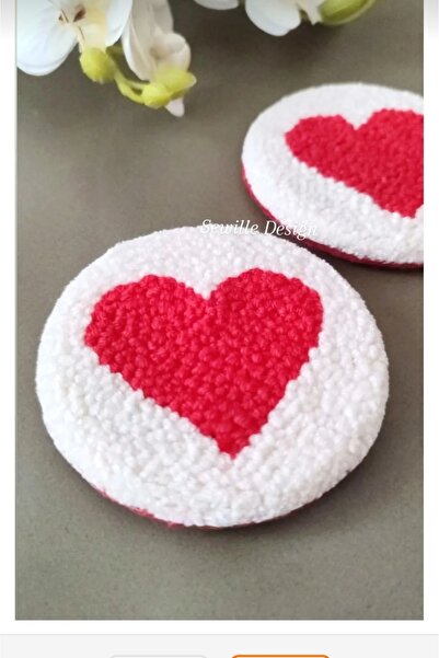 Cotton Crafty Punch işlemeli Kırmızı kalpli Araba bardak altlığı 7 cm 2'li , ...