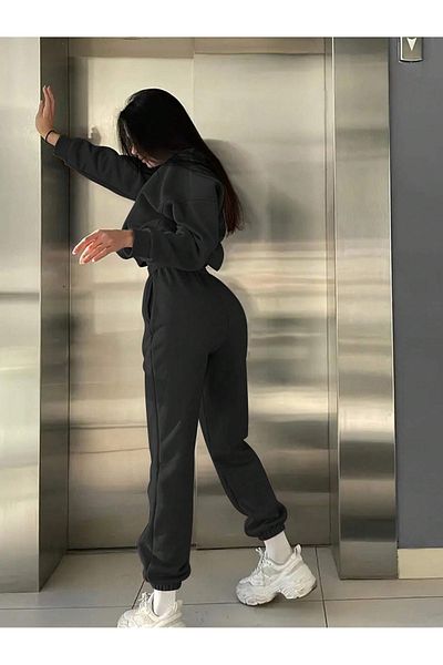 PALPİTO Γυναικείο Σετ Jogger Oversize Crew Neck με στάμπα μαύρου γραφίτη
