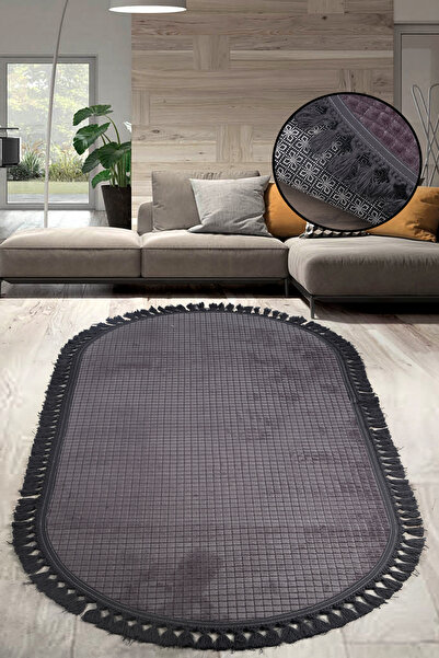 Teksev Square Plus Anthracite Color Oval Pompom Fringed Runner Non-Slip Based Machine Washable Soft Carpet