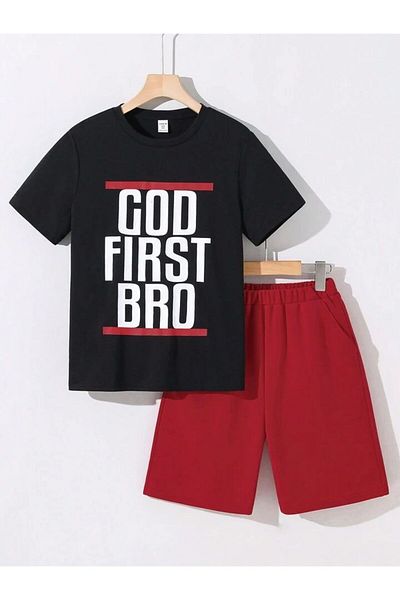 vinraus Set de pantaloni scurți-tricou cu imprimeu God First Bro pentru fetiță/băiat