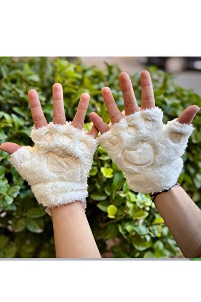 CAŞ DEKORASYON White Color Plush Children's Gloves with Paw Figure