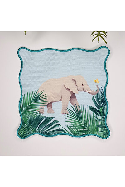 Genel Markalar Mavi Zemin Fil ve Tropikal Yaprak Tasarımlı Nakış Kenar Koktey...