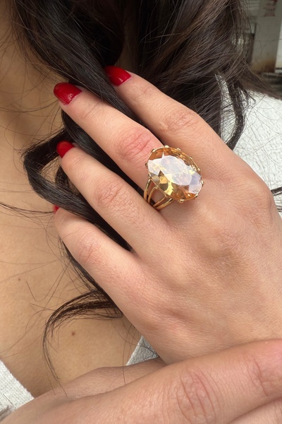 Utku Kuyumculuk 14 AYAR OVAL KESİM KRİSTAL BAL TOPAZ TAŞLI ELİŞİ ALTIN YÜZÜK