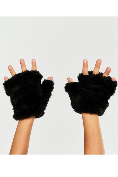 CAŞ DEKORASYON Black Color Paw Figured Plush Children's Gloves