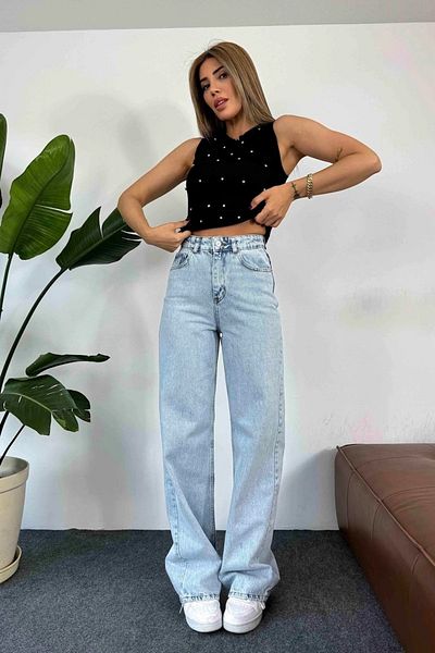 LİMABEL Blugi elastici cu talie înaltă - Gizem Milano, Love 90's Palazzo, picior largi, spălat cu gheață (NOU)