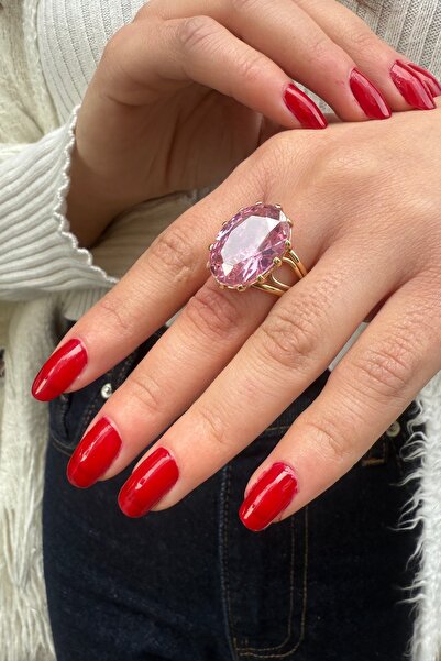 Utku Kuyumculuk 14 AYAR OVAL KESİM KRİSTAL PİNK KUVARS TAŞLI ELİŞİ ALTIN YÜZÜK