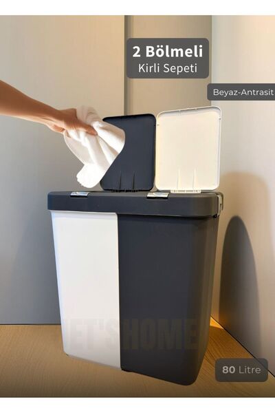 Jet's Home 2'li Kirli Sepeti İki Bölmeli Çamaşır Sepeti Antrasit-Beyaz Renkli...