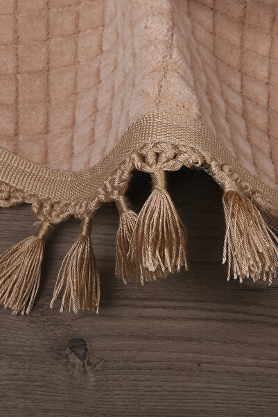 Teksev Square Plus Mink Color Oval Pompom Fringed Runner Non-Slip Machine Washable Soft Cutting Carpet