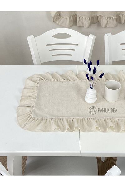 pamukidea 40x100 cm Λινά υφαντά Frilly Runner - 100% βαμβάκι, πλυμένο μπουλντάν, τραπεζάκι σαλονιού - κάλυμμα τραπεζιού