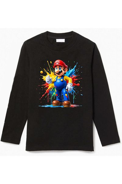 Efendioğlu Design Children's Long-Sleeved Colorful Mario Printed Cotton T-Shirt