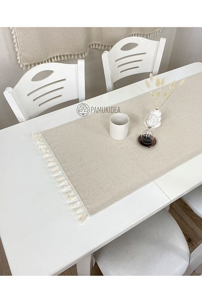 pamukidea 45x145 cm Λινά Κρέμα Φουντωτό Runner - 100% βαμβάκι, πλυμένο μπουλντάν, τραπεζομάντιλο Pompom