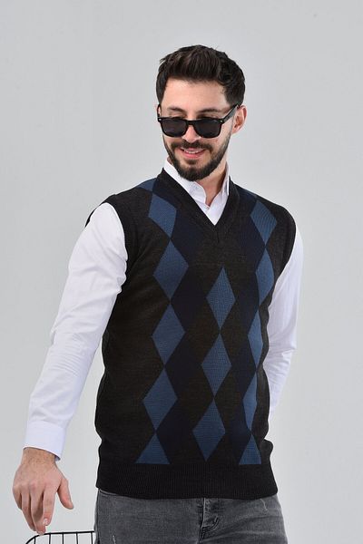 HEDEFNUR TEKSTİL Men's and Middle-Aged Diamond Patterned Winter Thick Knitwear V-Neck Knitwear Sweater