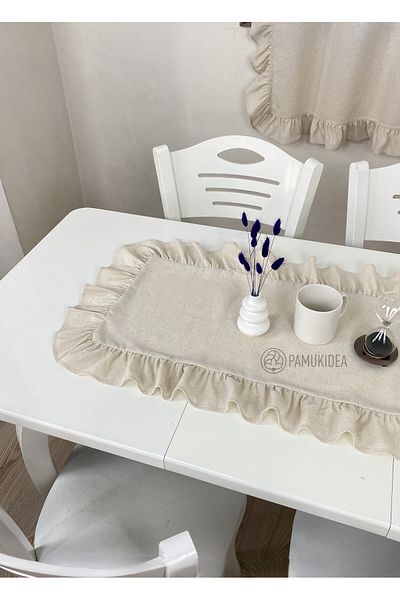 pamukidea 40x100 cm Λινά υφαντά Frilly Runner - 100% βαμβάκι, πλυμένο μπουλντάν, τραπεζάκι σαλονιού - κάλυμμα τραπεζιού