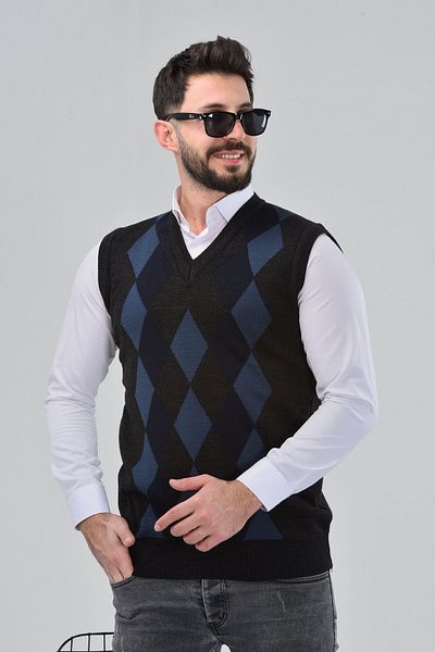 HEDEFNUR TEKSTİL Men's and Middle-Aged Diamond Patterned Winter Thick Knitwear V-Neck Knitwear Sweater