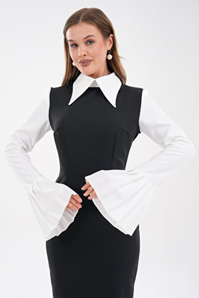 vuvutasarım Black Midi Pencil Evening Dress - Shirt Neck, Wide Pleated Fabric, 278