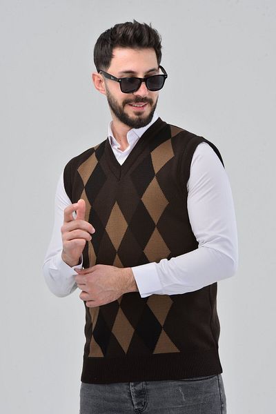 HEDEFNUR TEKSTİL Men's and Middle-Aged Diamond Patterned Winter Thick Knitwear V-Neck Knitwear Sweater