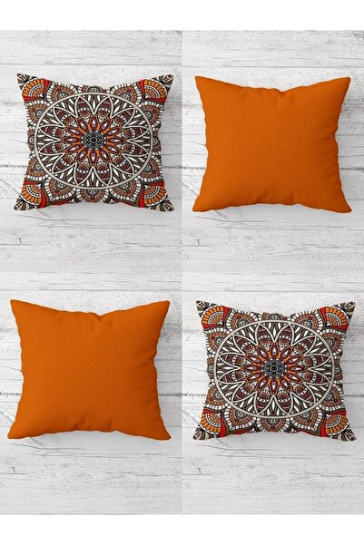 ALAMODECOR Ethnic Patterned Orange Colored Double Sided Digital Printed 4-Piece Throw Pillow Cover Sofa Pillow Cover