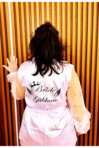 bridebyvictoria Initial Detailed Bride's Dressing Gown with Feather Sleeves Bridal Dressing Gown Bride To Be Belt Gift