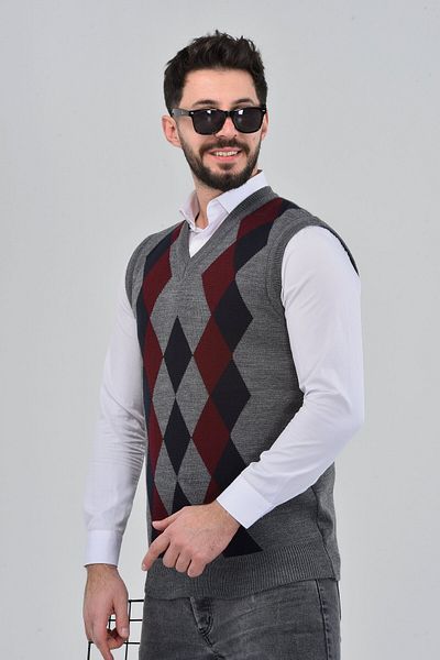 HEDEFNUR TEKSTİL Men's and Middle-Aged Diamond Patterned Winter Thick Knitwear V-Neck Knitwear Sweater
