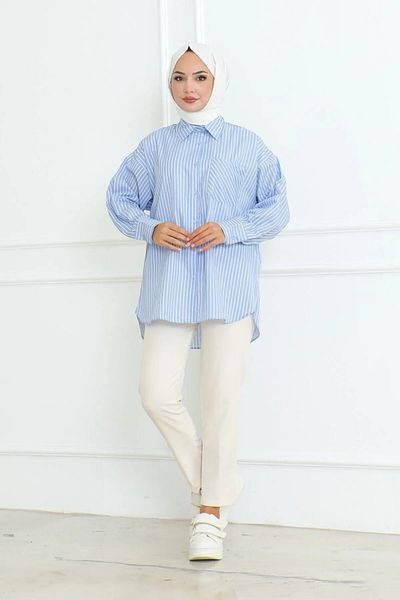Pek Moda Baby Blue White ριγέ πουκάμισο Hijab - Μακρυμάνικο, Μονή Τσέπη