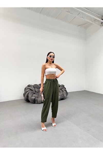 veres Kadın Haki Ayrobin Kumaş Yüksek Bel Bol Kesim Yazlık Şalvar Pantolon