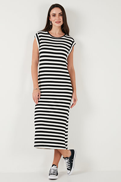 Lela Regular Fit Bisiklet Yaka Çizgili Midi Boy Elbise ELBİSE 5866105