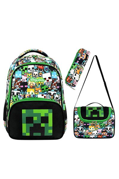 YOUOY Set de 3 geanți pentru școala primară Mine Creeper, cutie de prânz termică și set de truse pentru creion