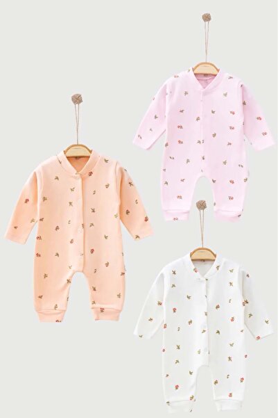 MYZİ STORE Yenidoğan Kız Bebek Kıyafeti 3 lü pamuklu Çiçek Desenli Tulum