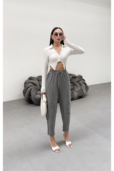 veres Women's Gray Ayrobin Fabric High Waist Loose Fitting Summer Baggy Pants