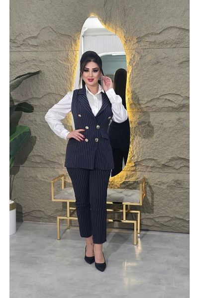 ANKA BOUTIQUE Lined Double Breasted Striped Vest Set