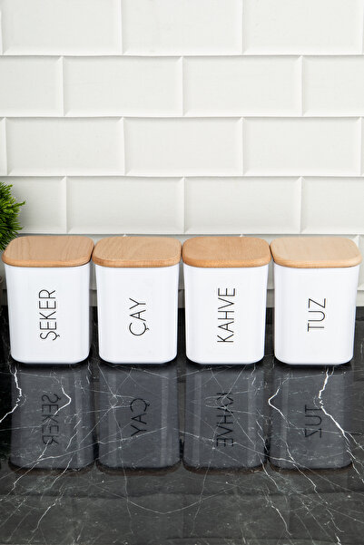 DNS HOME 4'lü Vakumlu Bambu Ahşap Kapaklı Çay Şeker Kahve Tuz Saklama Kabı Porselen Görünüm Akrilik Etiketlii