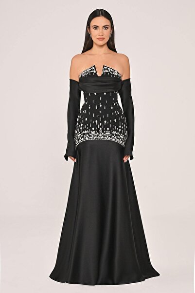 ALFABETA KADIN SATEN ABİYE STRAPLEZ TAŞ İŞLEMELİ KOL DETAYLI ŞIK ELBİSE