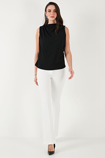 Lela Slim Fit Stand Collar Shoulder Drawstring Blouse Bluz 6527836