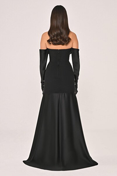 ALFABETA KADIN SATEN ABİYE STRAPLEZ TAŞ İŞLEMELİ KOL DETAYLI ŞIK ELBİSE