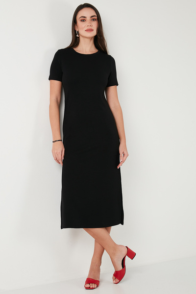 Lela Regular Fit Bisiklet Yaka Yırtmaç Detaylı Midi Elbise ELBİSE 5866165