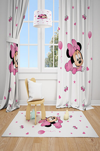 BelezaHome ستارة خلفية لغرفة الأطفال مزخرفة باللونين الوردي والأبيض من ميكي ماوس