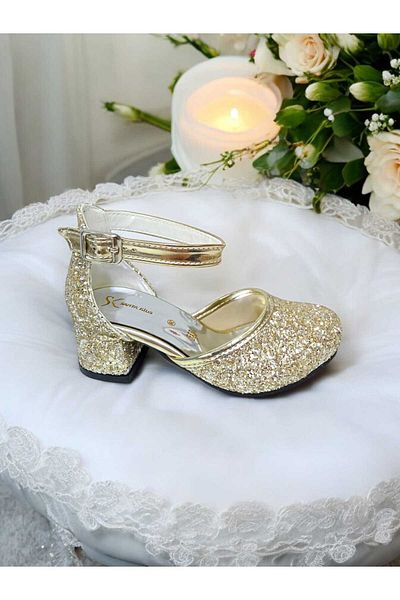 PATİK BEBE PANTOFI DE ROCHIE DE SEARĂ CU TOC PĂTRAT DE CULOARE AURIE