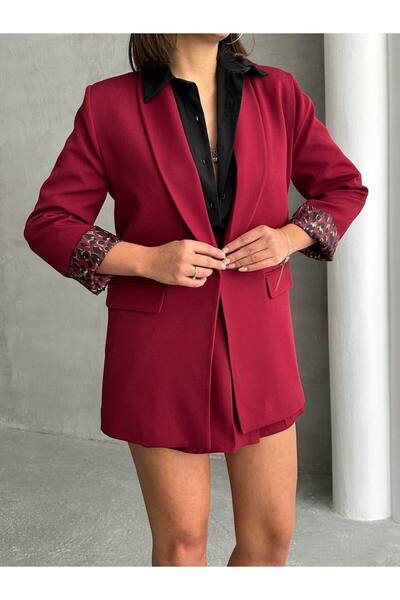 olalapasha Yeni Sezon Kadın Blazer Ceket İçi Leopar Astar Detaylı Düğmesiz Uzun
