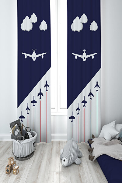 BelezaHome Blue White Airplane Decorative Children's Room Background Curtain