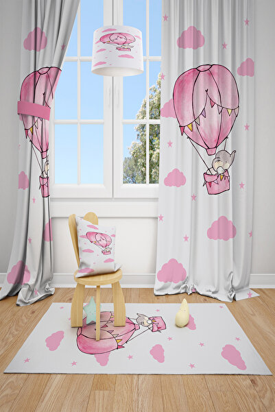 BelezaHome Pink Flying Balloon and Elephant Decorative Children's Room Background Curtain